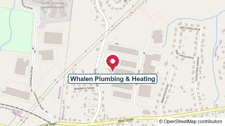 Map showing Whalen Plumbing and Heating at 86 Finnell Drive in Weymouth, Massachusetts